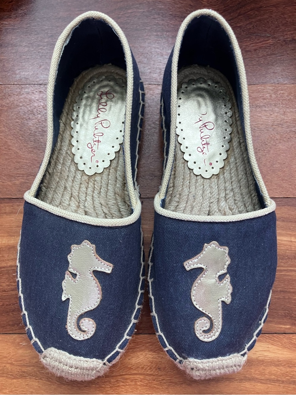 Lilly Pulitzer Navy Espadrille Flats with Gold Seahorse Appliqués